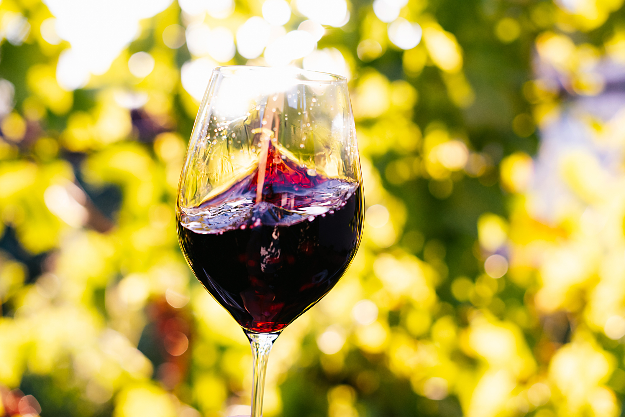 a glass of red wine sparkling in the sun with green foliage in the background