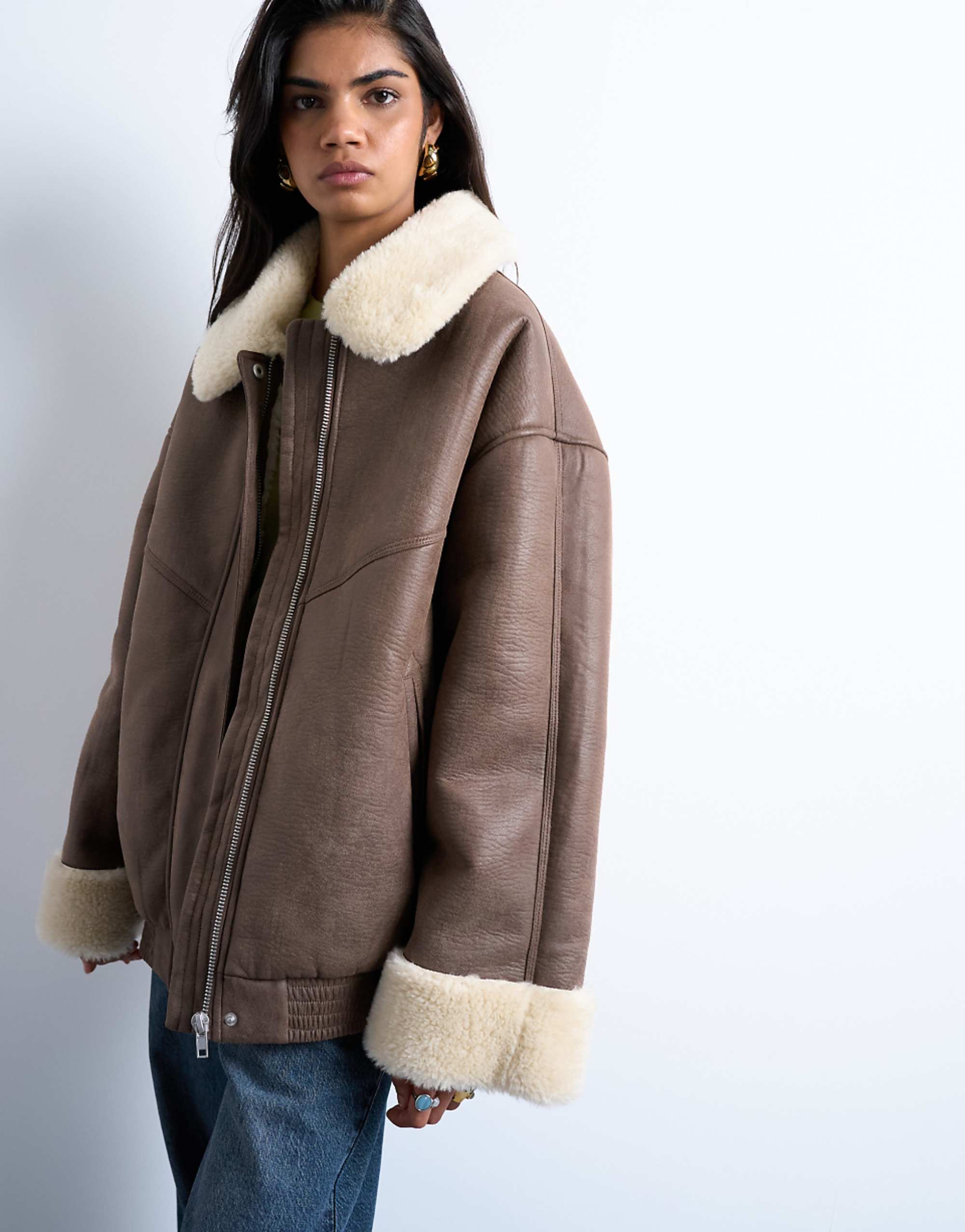Topshop Vintage Washed Faux Shearling Oversized Bomber Jacket in Brown