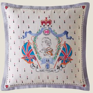 Cath Kidston illustrated coronation cushion with picture of King Charles