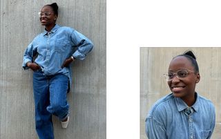 Content Creator Stephany Faublas Wearing Denim Button Down and Relaxed Jeans