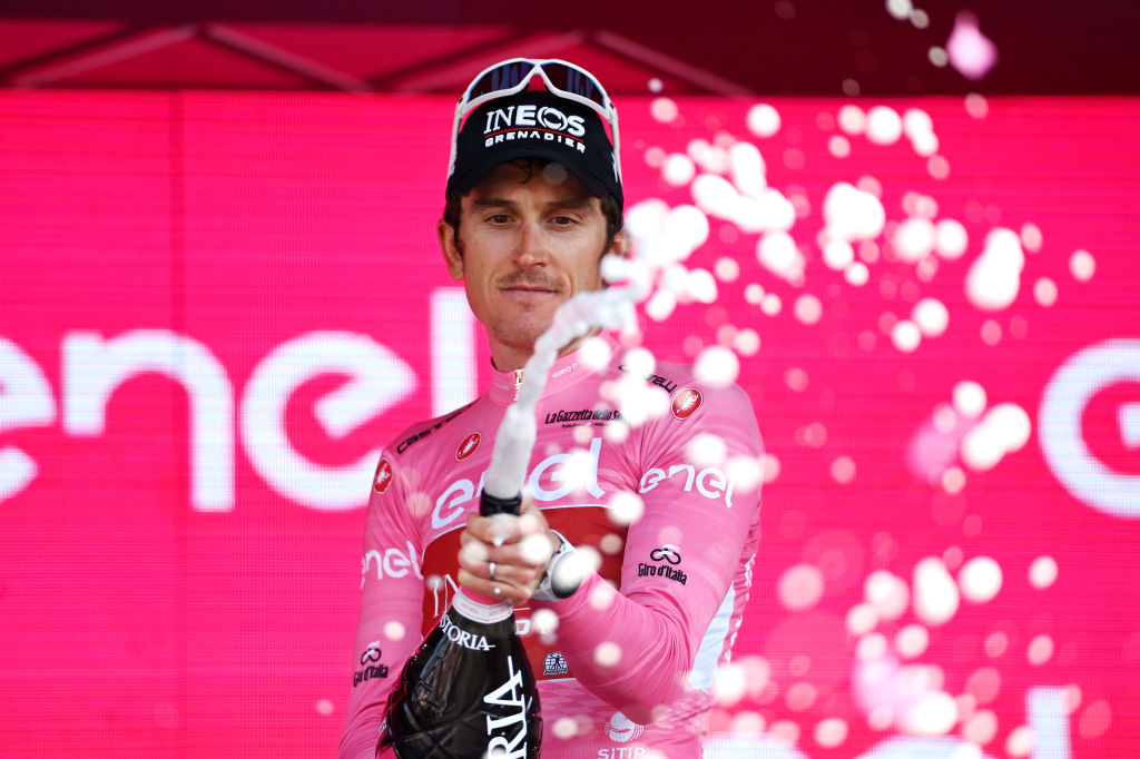 CAORLE ITALY MAY 24 Geraint Thomas of The United Kingdom and Team INEOS Grenadiers Pink Leader Jersey celebrates at podium during the the 106th Giro dItalia 2023 Stage 17 a 197km stage from Pergine Valsugana to Caorle UCIWT on May 24 2023 in Caorle Italy Photo by Tim de WaeleGetty Images