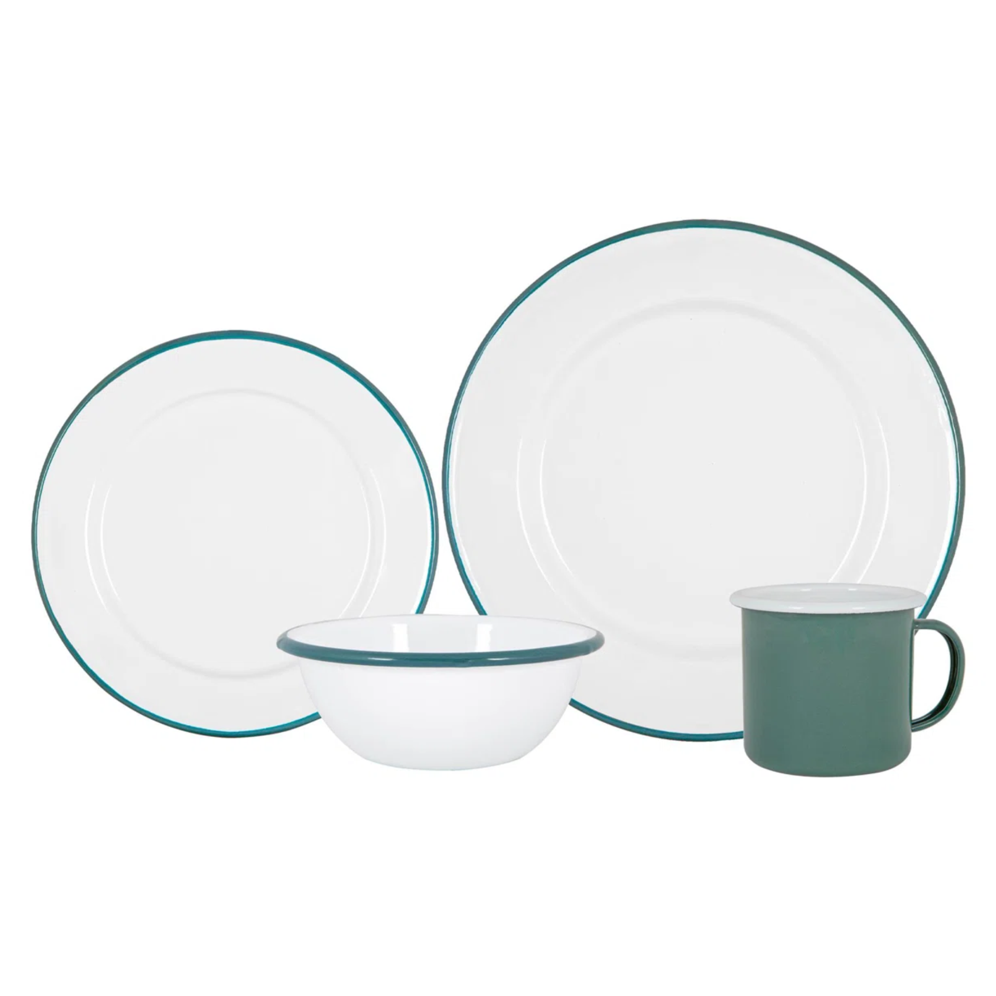 a dinnerware set of two plates, a bowl and a mug in white and green