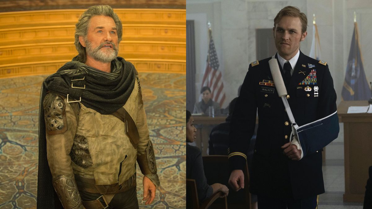 Side-by-side images of Kurt Russell in Guardians of the Galaxy Vol. 2 and Wyatt Russell in The Falcon and the Winter Soldier