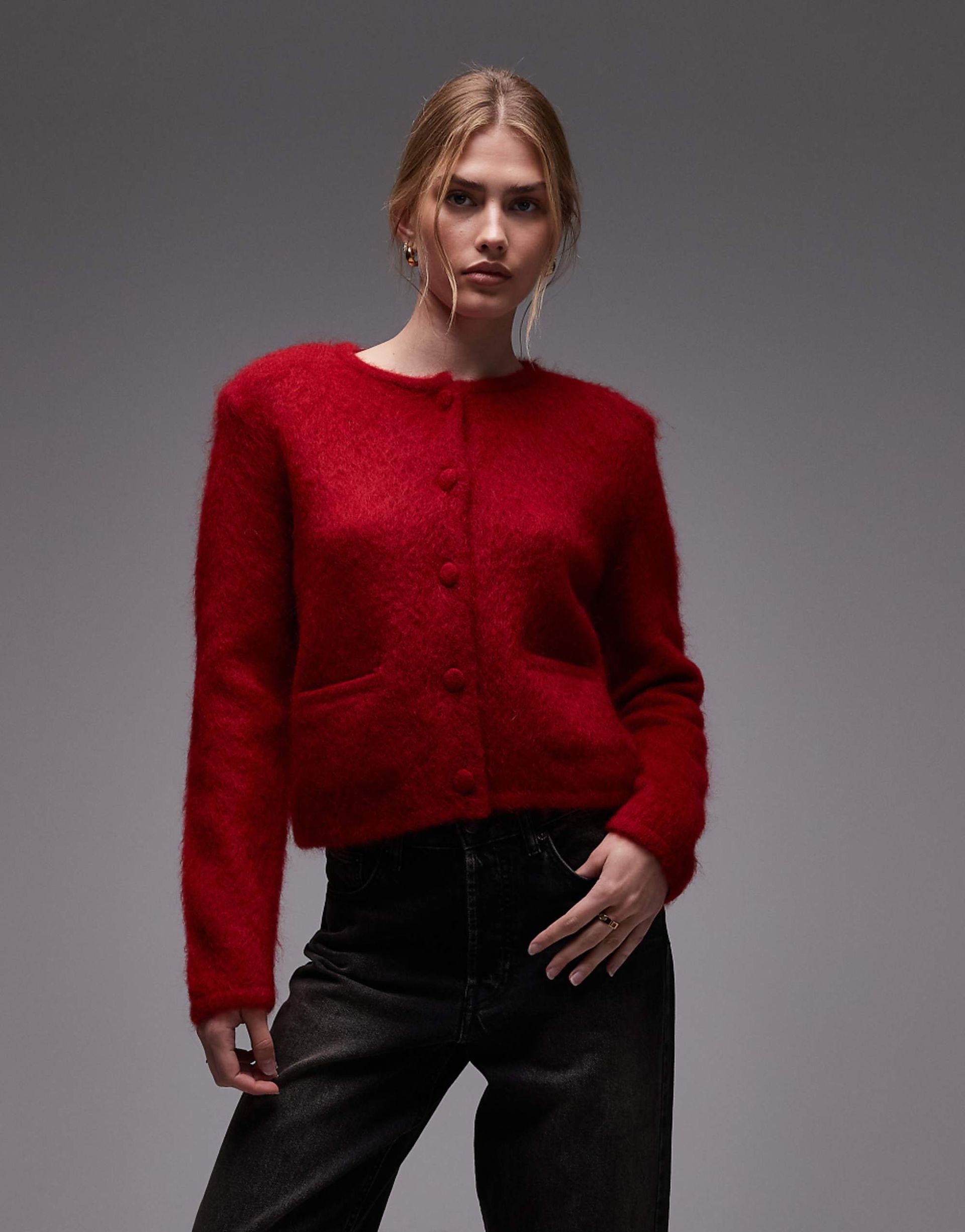&amp; Other Stories Mohair and Wool Blend Crew Neck Short Button Down Fitted Cardigan in Red