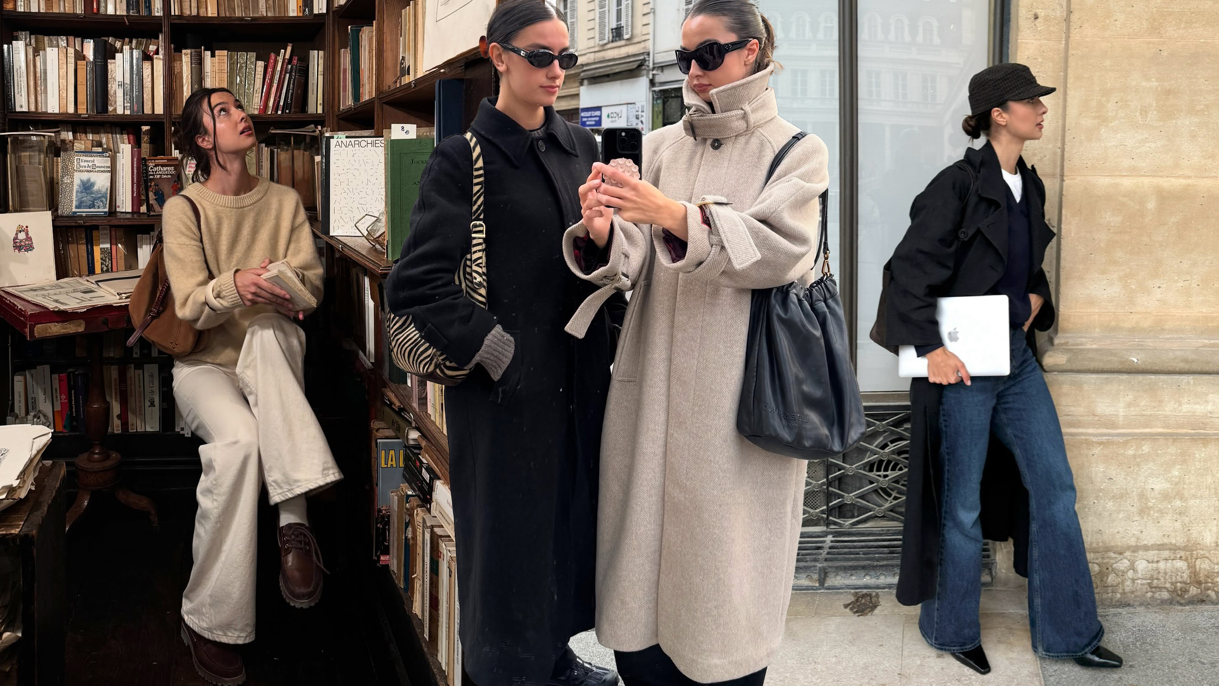 A collage of lara from paris wearing different outfits.