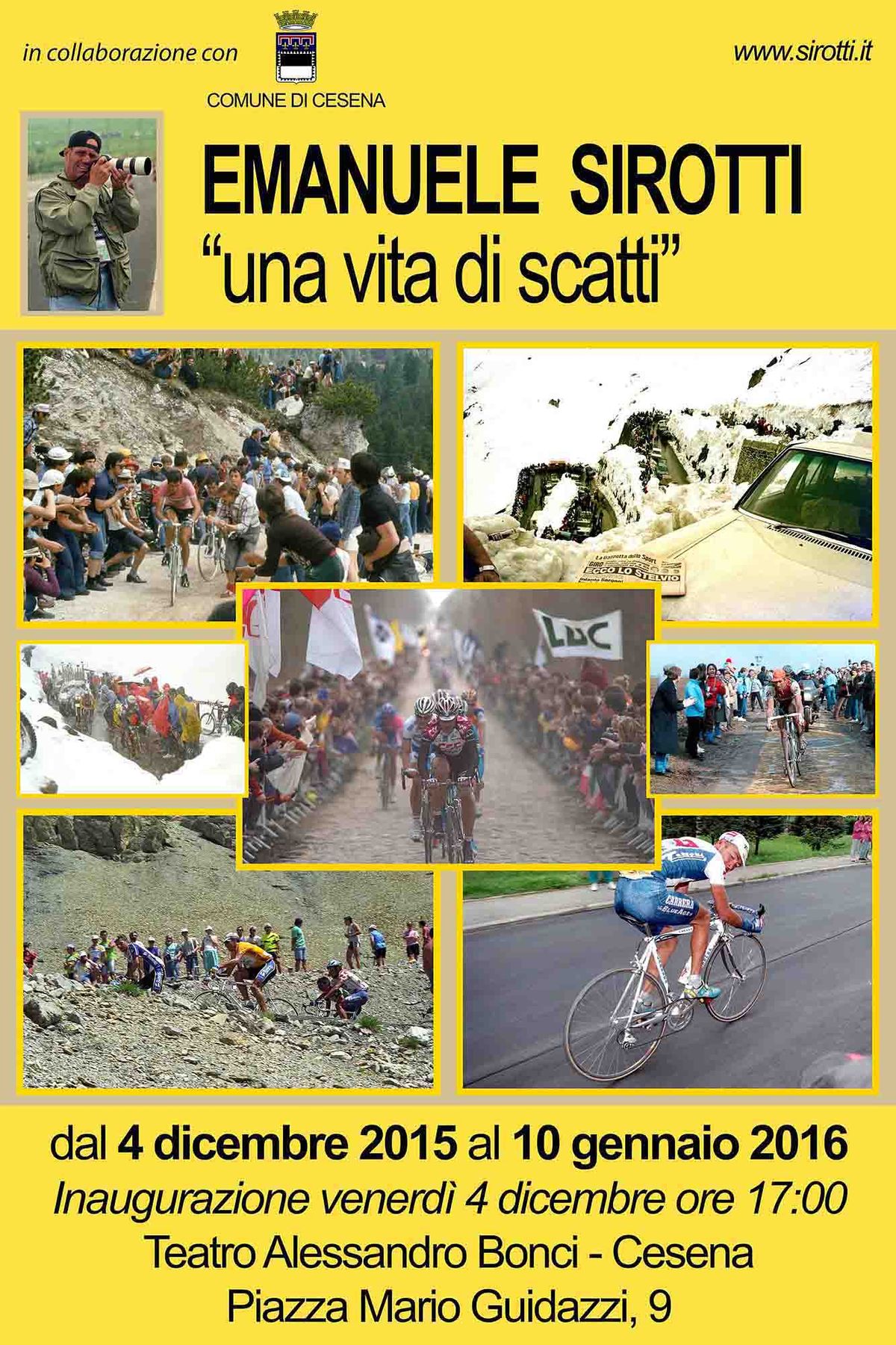 The poster of the special Sirotti photo exhibition titled 'Una vita di scatti' -a life of photos
