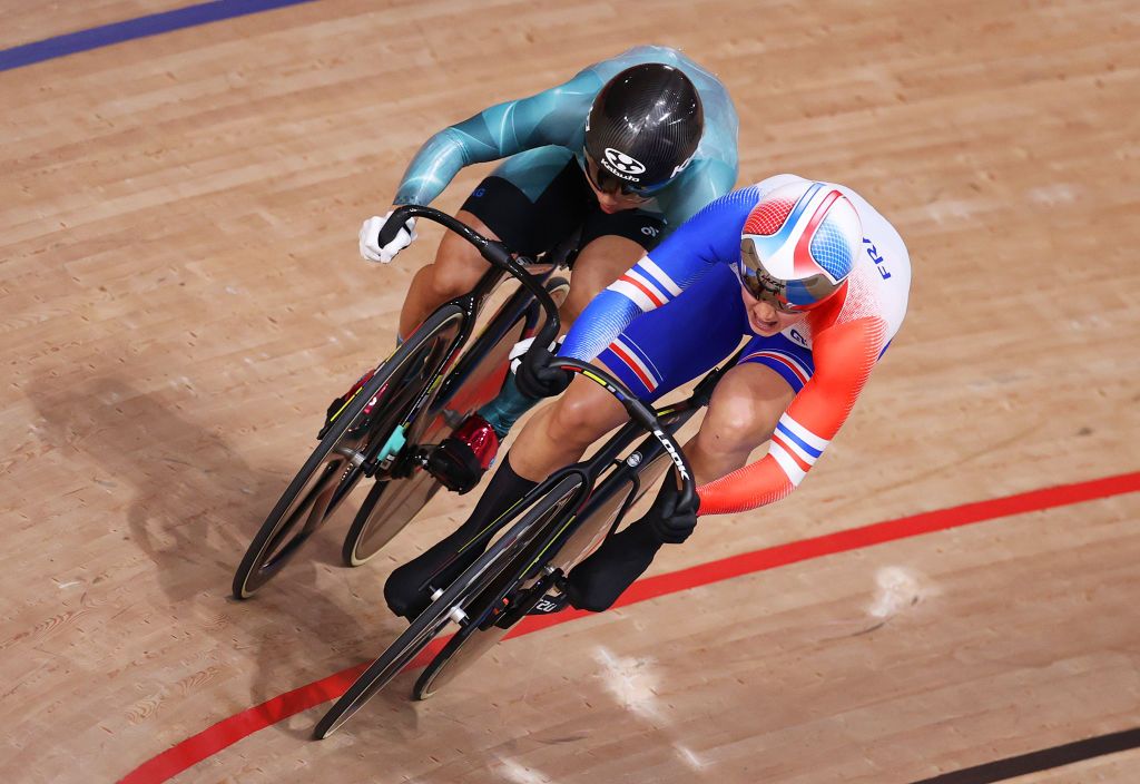 IZU JAPAN AUGUST 07 LR Wai Sze Lee of Team Hong Kong and Mathilde Gros of Team France sprint during the Womens sprint round of 8 finals heat 4 of the track cycling on day filthen of the Tokyo 2020 Olympic Games at Izu Velodrome on August 07 2021 in Izu Shizuoka Japan Photo by Justin SetterfieldGetty Images
