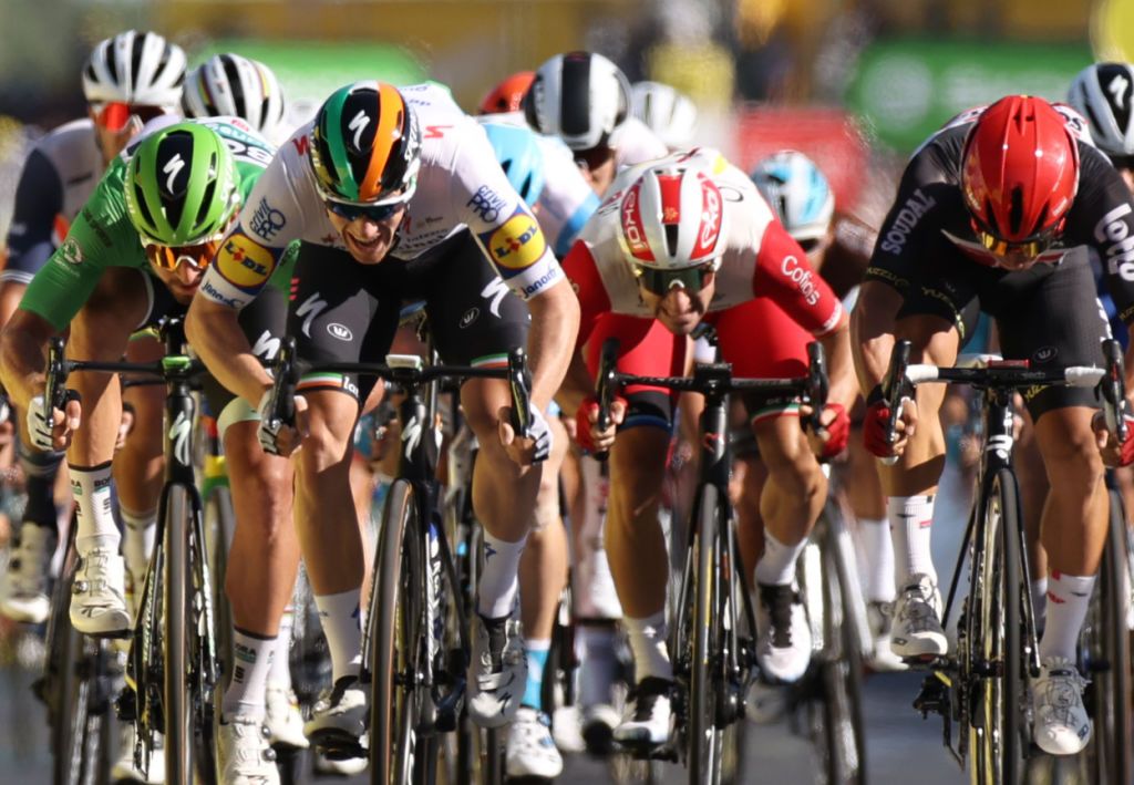 Sam Bennett (Deceuninck-Quickstep) powers to the line ahead of Caleb Ewan (Lotto-Soudal) on stage 10 of the 2020 Tour de France