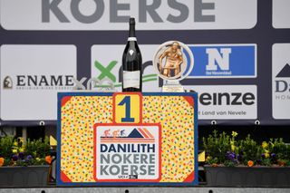 NOKERE BELGIUM MARCH 17 Podium Trophy during the 3rd Nokere Koerse Danilith Classic 2021 Womens Elite a 124km race from Deinze to Nokere Champagne Detail view NokereKoerse on March 17 2021 in Nokere Belgium Photo by Mark Van HeckeGetty Images