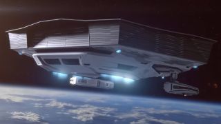 A still from Nvidia's Computex 2025 keynote showing a CGI depiction of Nvidia's Constellation Taiwanese office in orbit as a spaceship