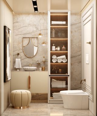 Luxury white and gold bathroom with vertical storage unit by Caffe Latte