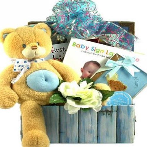 Adorable Gift Baskets image: In addition to the usual foods and standard gifts, this company has some interesting surprises, like a baby sign language book.