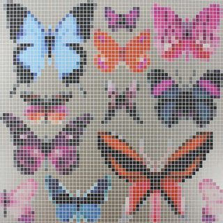 Mosaic-style squares wallpaper with large colourful butterflies