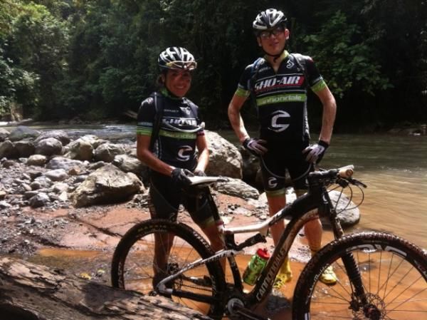 Pua Mata and Alex Grant on a pre-ride of stage 1 at La Ruta