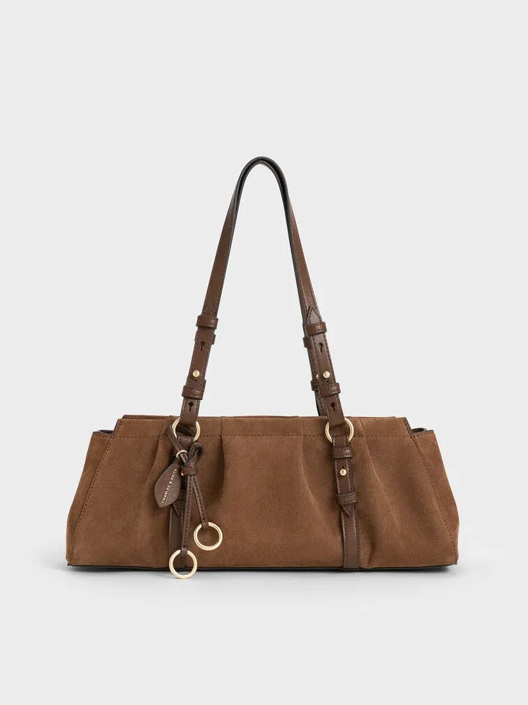 Charles & Keith, Britton Recycled Suede Ruched Elongated Shoulder Bag