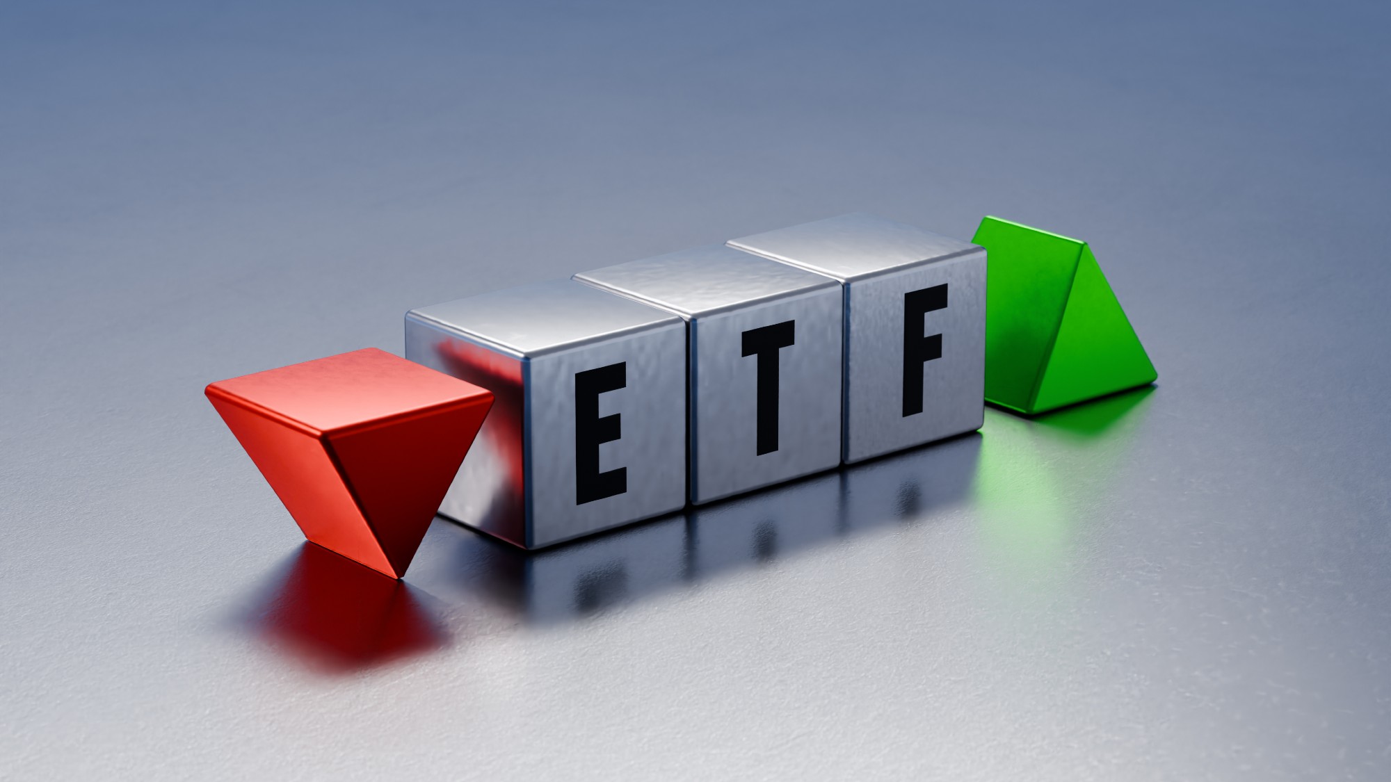 Digital illustration of blocks spelling out "ETF" (exchange traded fund)