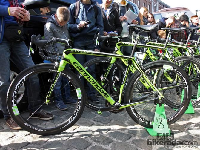 Peter Sagan's (Cannondale) custom-geometry Cannondale Synapse Hi-Mod just before the start of Scheldeprijs