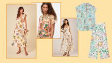 a mix of model and cut out images of postcard patterned pieces
