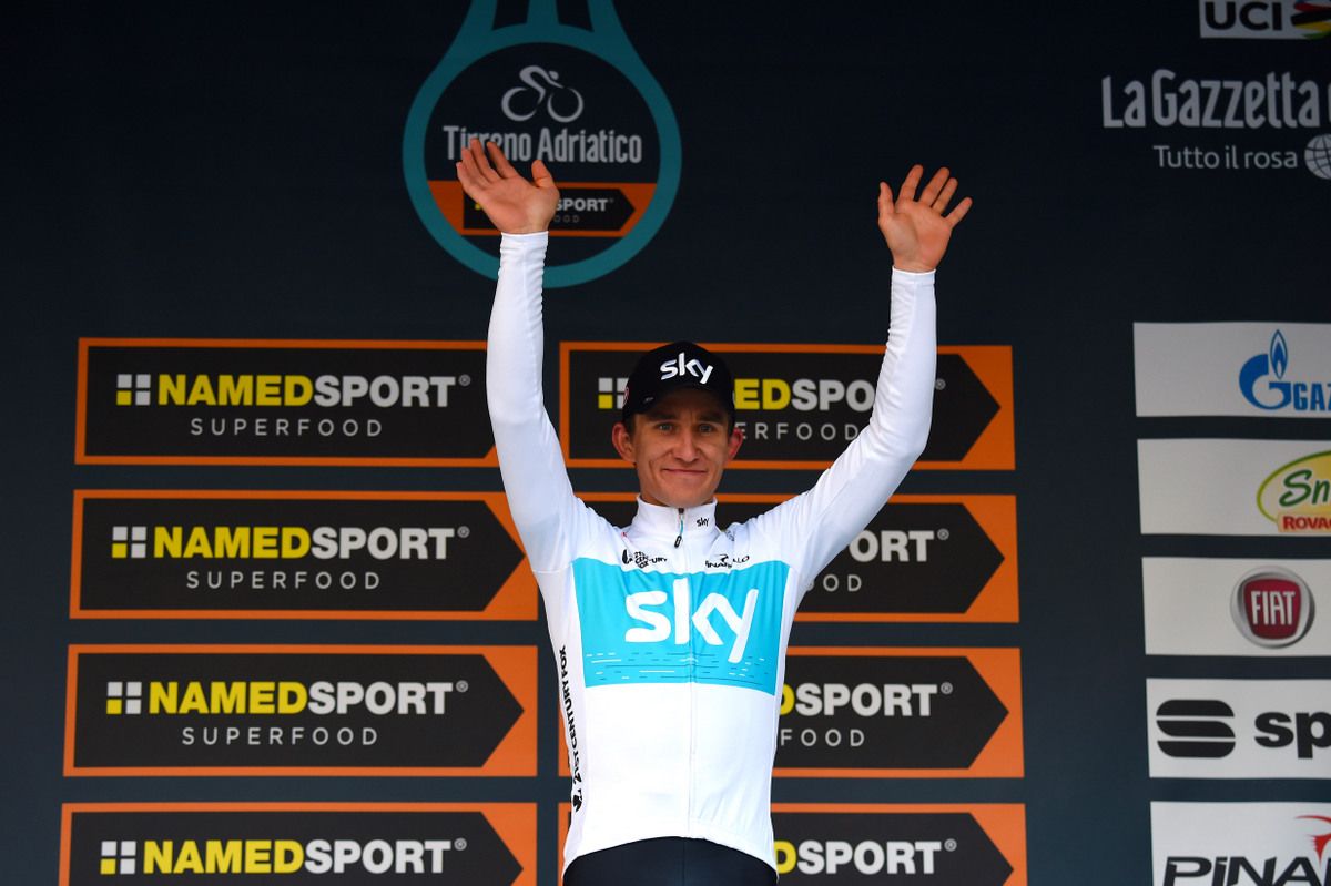 Michal Kwiatkowski (Team Sky) waves from the podium