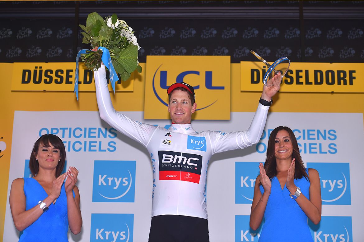 Stefan K&uuml;ng on the podium after the opening time trial at the Tour de France