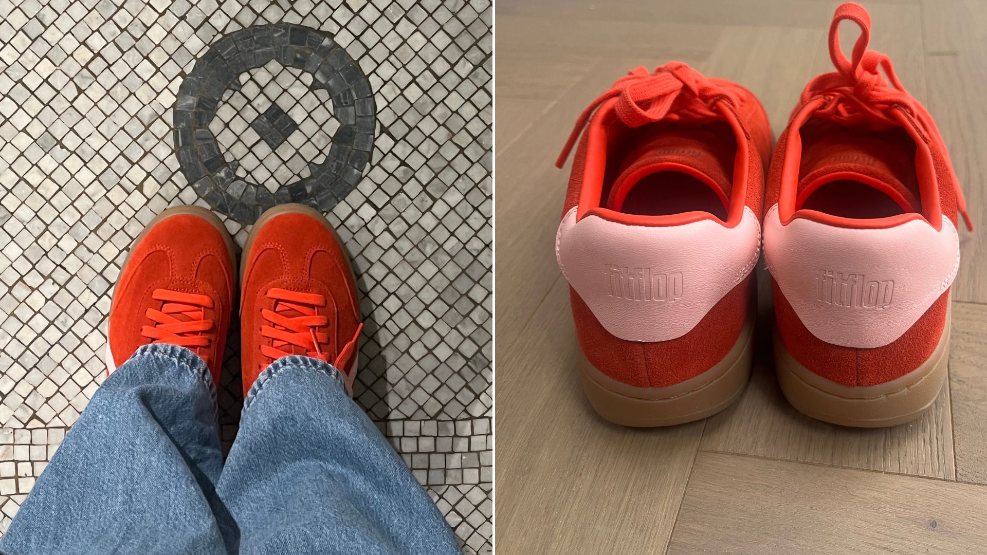 Two images of Caroline Parr testing the FitFlop Dash trainers