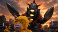 A furry, horned yellow cow character makes a peace sign in front of a towering armoured monster with glowing orange eyes, set against a ruined cityscape at sunset.
