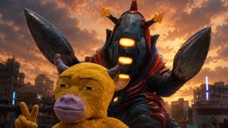 A furry, horned yellow cow character makes a peace sign in front of a towering armoured monster with glowing orange eyes, set against a ruined cityscape at sunset.