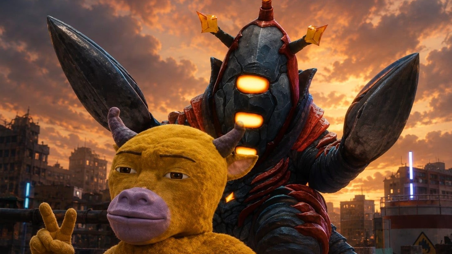 A furry, horned yellow cow character makes a peace sign in front of a towering armoured monster with glowing orange eyes, set against a ruined cityscape at sunset.