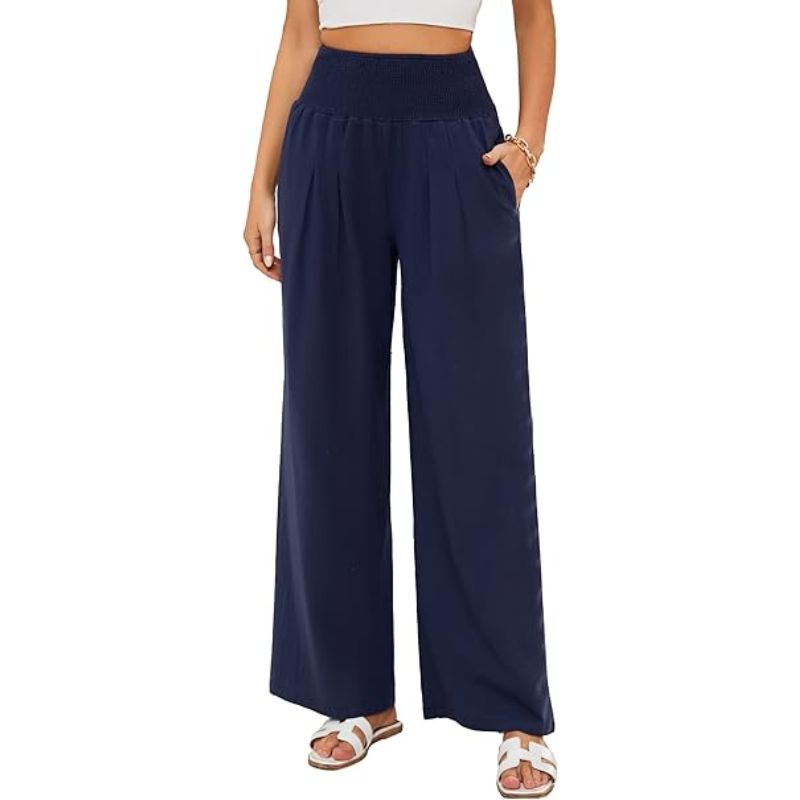 blue wide leg trousers