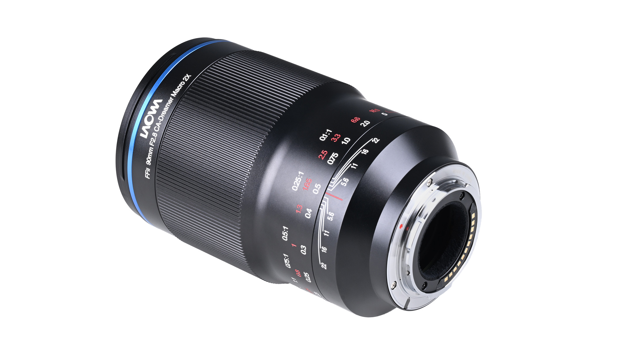 A black Laowa digital camera lens. The electronic contacts are visible.