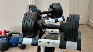 Core Fitness Adjustable Dumbbell and Stand in a living room