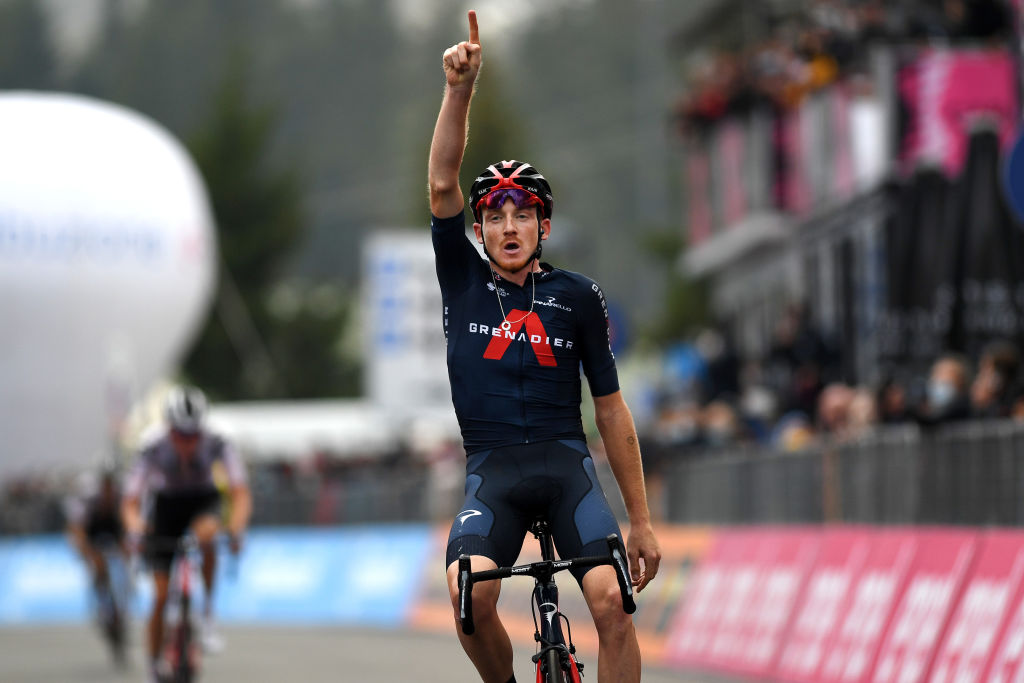 PIANCAVALLO ITALY OCTOBER 18 Arrival Tao Geoghegan Hart of The United Kingdom and Team INEOS Grenadiers Celebration during the 103rd Giro dItalia 2020 Stage 15 a 185km stage from Base Aerea Rivolto Frecce Tricolori to Piancavallo 1290m girodiitalia Giro on October 18 2020 in Piancavallo Italy Photo by Tim de WaeleGetty Images