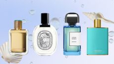 A collage featuring four of the Riviera-inspired perfumes featured in this roundup, from brands including Veronique Gabai, Diptyque, BDK Parfums and Victoria Beckham Beauty/ on a blue background with water droplets and two stock images of shells.