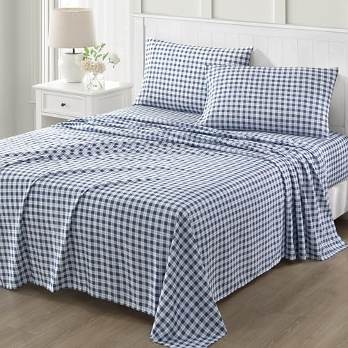 Martha Stewart Ultra Soft Brushed and Washed Microfiber 4 Piece Sheet Set, Easy Care, Comfy Bed Sheets With Deep Pocket, 1 Flat Sheet, 1 Fitted Sheet, 2 Std. Pillowcases, Queen Size, Navy Blue