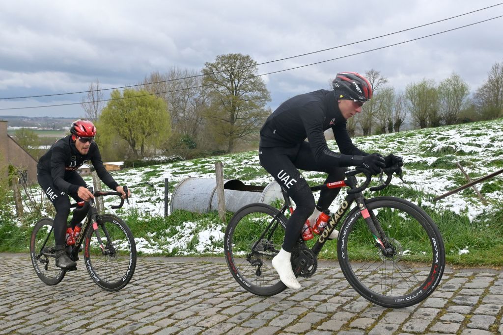 Italian Matteo Trentin of UAE Team Emirates and Slovenian Tadej Pogacar of UAE Team Emirates pictured in action during a training session on the track of the Ronde van Vlaanderen cycling race Friday 01 April 2022 The 106th edition of the cycling race will take place on Easter Sunday 03 AprilBELGA PHOTO DIRK WAEM Photo by DIRK WAEM BELGA MAG Belga via AFP Photo by DIRK WAEMBELGA MAGAFP via Getty Images