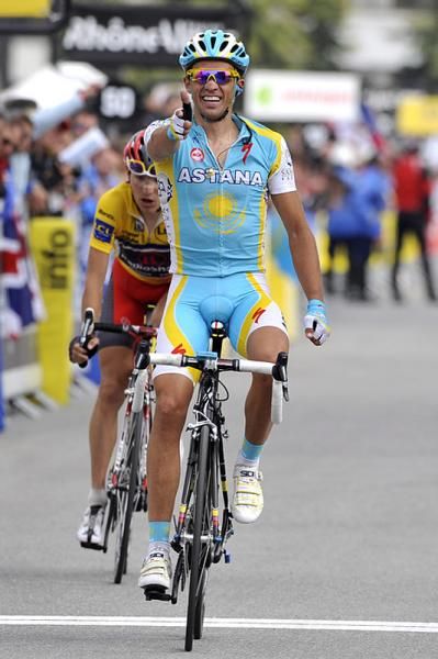 Alberto Contador (Astana) is victorious atop L'Alpe d'Huez