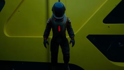 Subnautica character stands in front of yellow wall