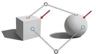 images of cubes and a sphere with light shining on them, demonstrated by an arrow