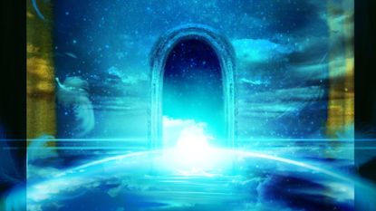 Lion's Gate Portal Manifestations: Against the backdrop of a fantastic night sky with stars and clouds reflecting and rippling on the surface of the water, an arch-shaped gate with a mysterious blue glow floats in the center of it, and angel wings are dancing down in the illustration.