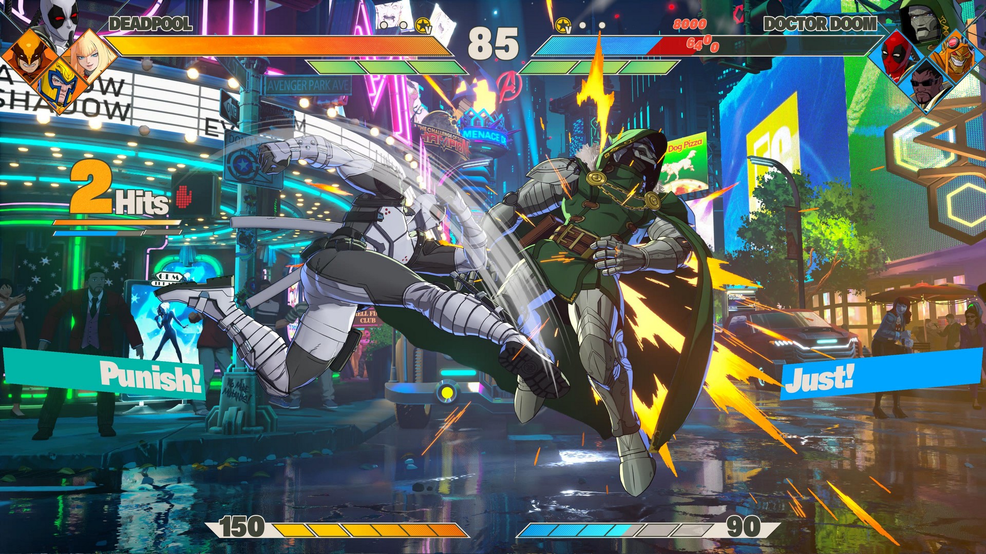 Deadpool jump kicks Doctor Doom in Marvel Tokon: Fighting Souls, in New York City's night stage