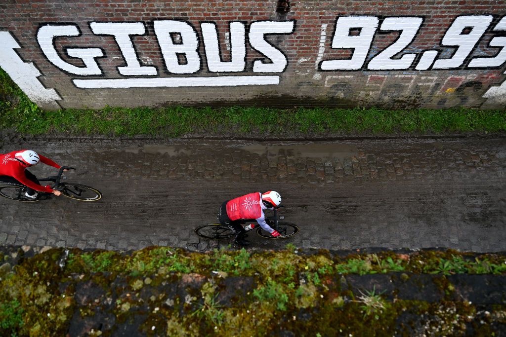 ROUBAIX FRANCE APRIL 05 A general view of Team Cofidis train at the Gibus bridge cobblestones sector during the 121st ParisRoubaix 2024 Previews UCIWT on April 05 2024 in Roubaix France Photo by Luc ClaessenGetty Images