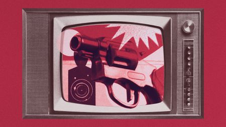 Photo collage of a vintage TV, with the screen showing an illustration of a gun and cartoonish shapes evoking violence.