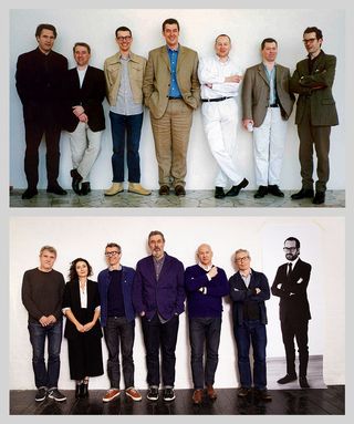 Sheridan Coakley: Founder of SCP, which turned 30 this year. Pictured: Top left, Matthew Hilton, the late James Irvine, Michael Marriott, Sheridan Coakley, Terence Woodgate, Jasper Morrison and Konstantin Grcic, shot at the company’s Milan debut in 1996, more than a decade after SCP was founded. Beneath, the same group today, with designer Marialaura Rossiello Irvine standing in for her late husband, James, and Grcic, who couldn’t make the shoot but sent us a life-sized paper cut-out instead. As featured in W*194.