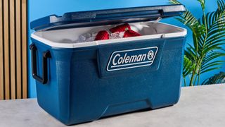 the coleman classic cooler coleman xtreme cooler in 54-quart in blue with a fish ruler and drinks holders on the lid and a drain tap