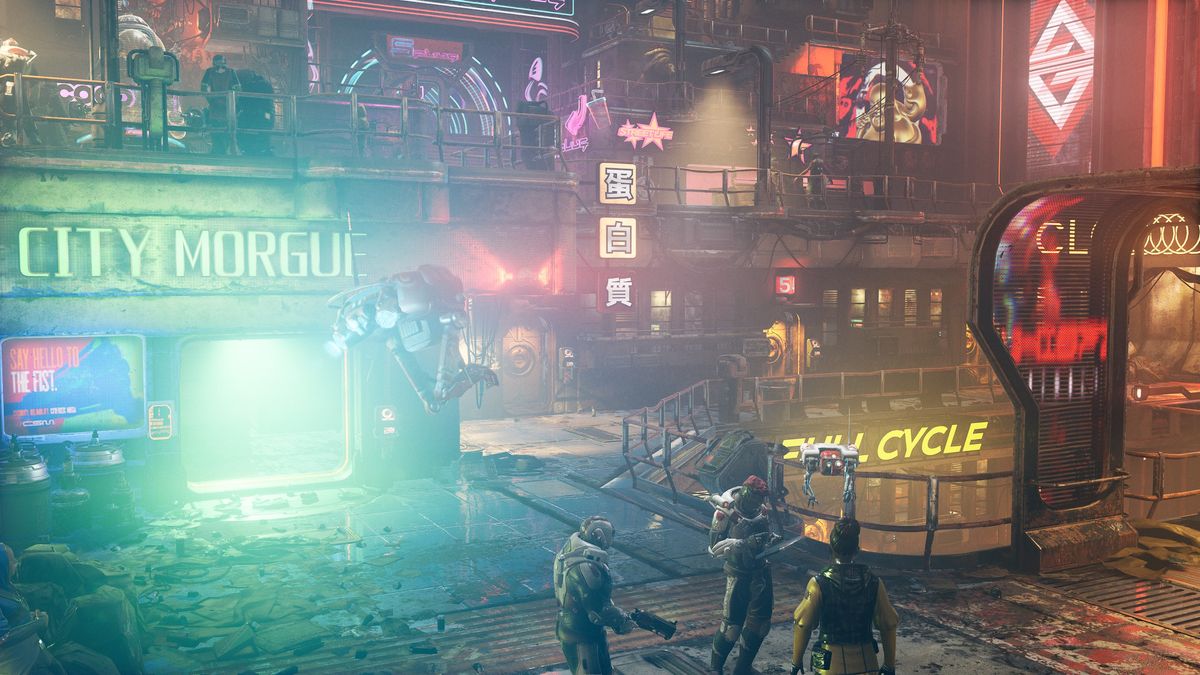 A bustling cyberpunk street