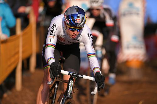 Wout Van Aert in his familiar place chasing Van der Poel