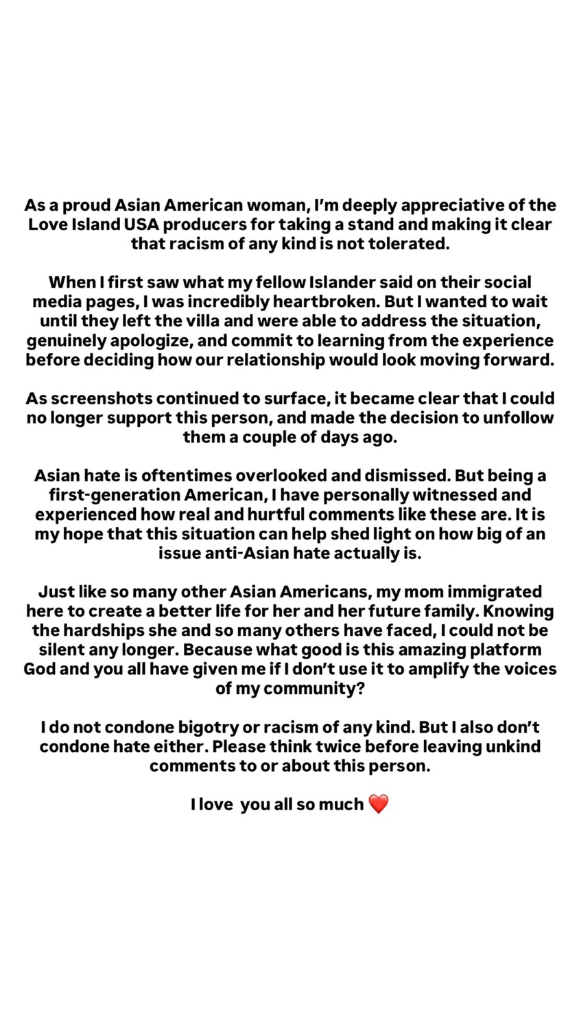 'Love Island USA' star Belle-A's statement regarding Cierra's racist posts