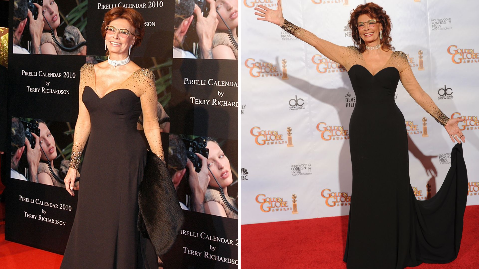Two photos of Sophia Loren wearing a black dress