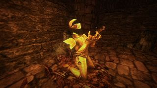 A hollow suit of armour kneels on the ground, clawed hands turned toward the sky.