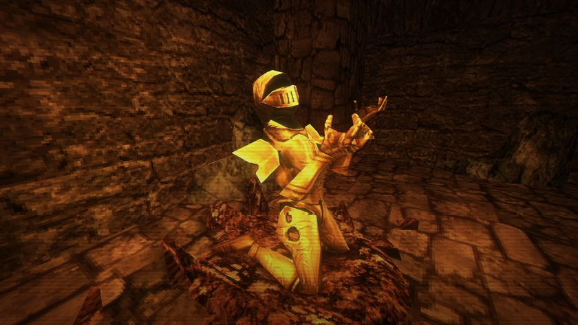 A hollow suit of armour kneels on the ground, clawed hands turned toward the sky.